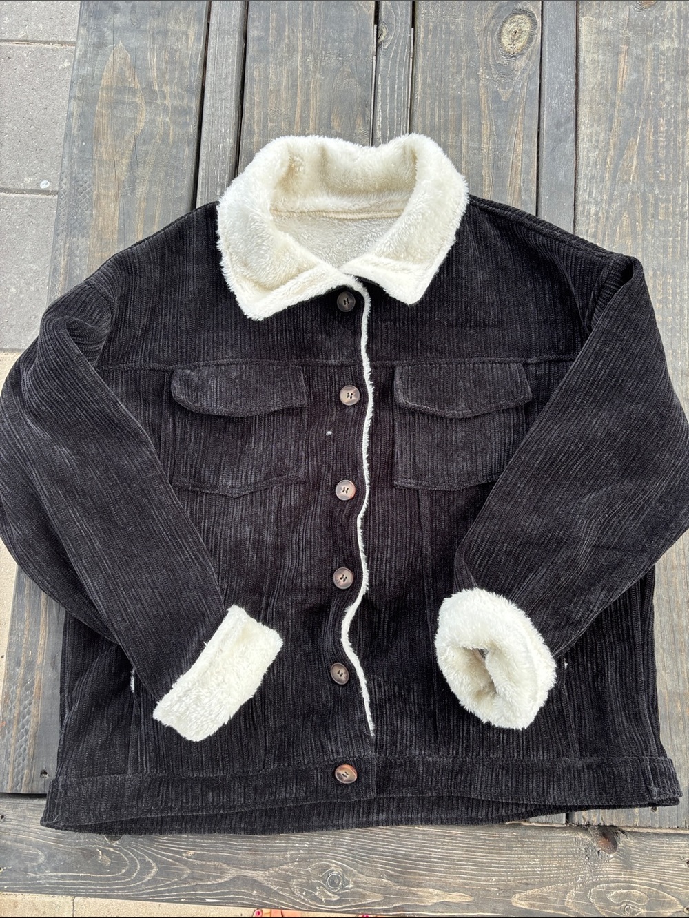 Zaful Women's Black Corduroy Sherpa-Lined Jacket Size L NWT
